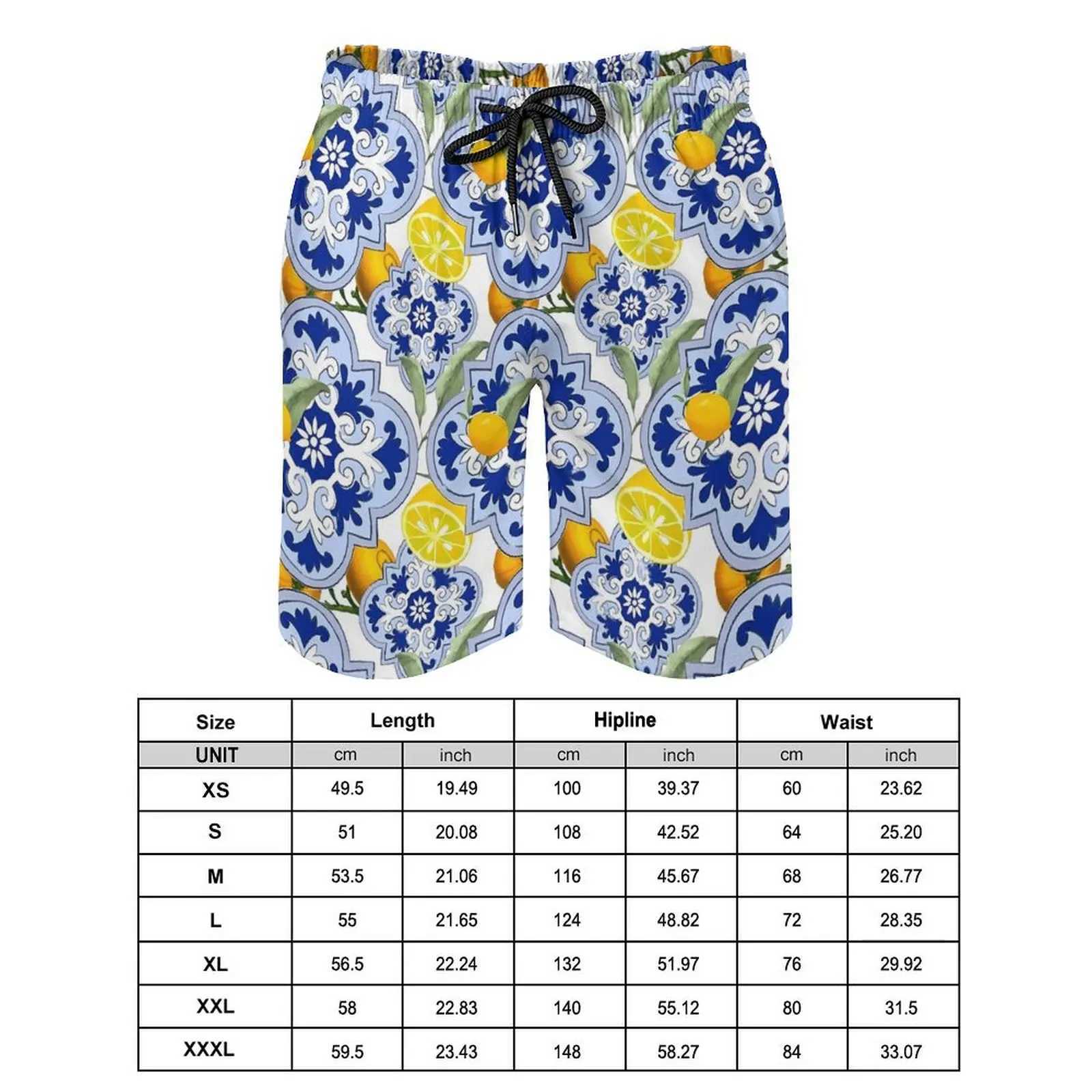 Gym shorts retro blue flower retro swimming dried lemon fruit print mens quick dry running hot selling plus size beach shortsW250410