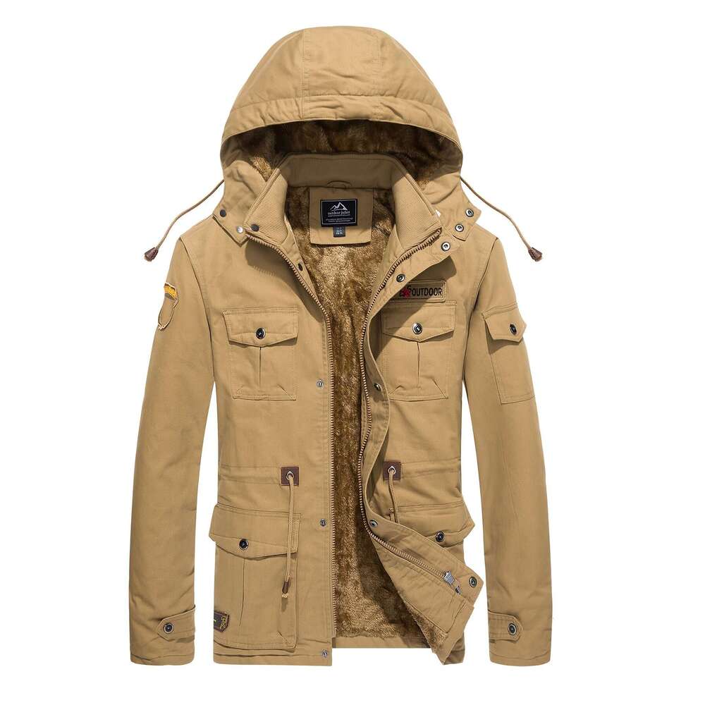 Men's Heavy-Duty With Fleece Lining & Windproof Full-Zip Hooded Work Coat, 8 Multi-Pocket Outdoor Gear For Hiking, Camping, Skiing, Flying Thick 