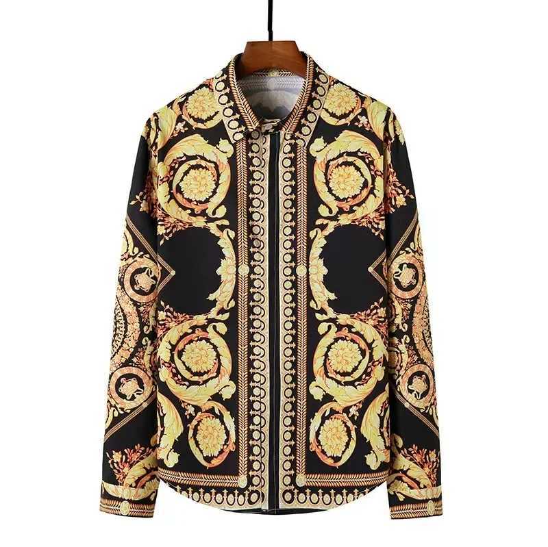 Casual black and gold retro printed shirt summer mens long-sleeved shirt 3D printed lapel shirt men and women fashion shirt K251110