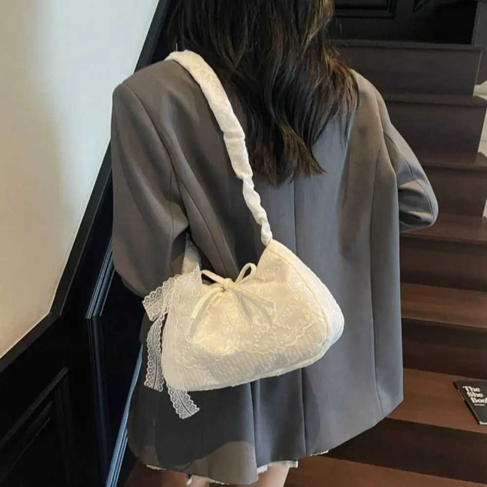 Tote Bag Lace Shoulder Bag Pleated Strap With Ribbon Simple Canvas Handbag Cloth Korean Style Large Capacity Bag SchoolT251110