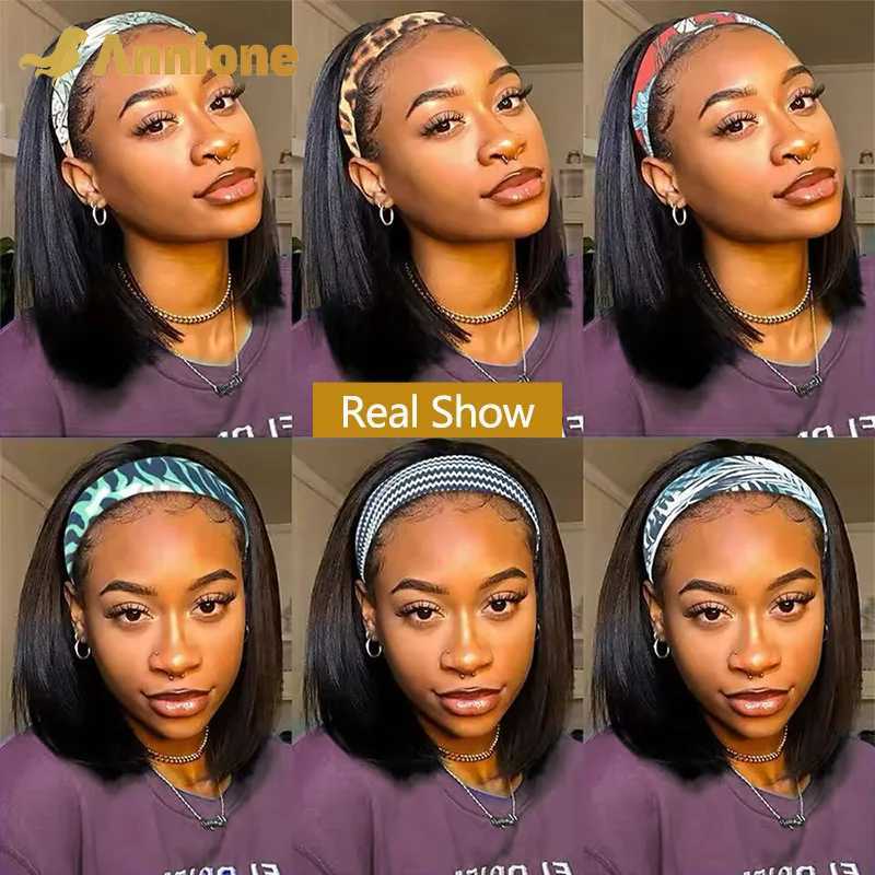 Headband Wigs Human Hair Straight Short Bob Glueless Wigs Human Hair Black Headband Wigs Easy Put On And Go Bob Wig Human HairT251111