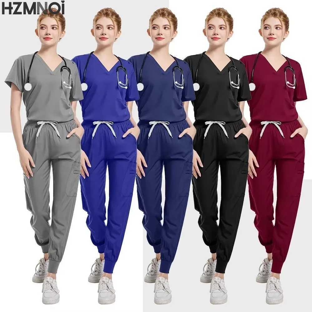 Fashion Black Uniforms Woman Beauty Workwear Medical Scrub Set Doctor Nurse Nursing Clothes Clinical Scrubs Top Pants Sets S-XXL X250410