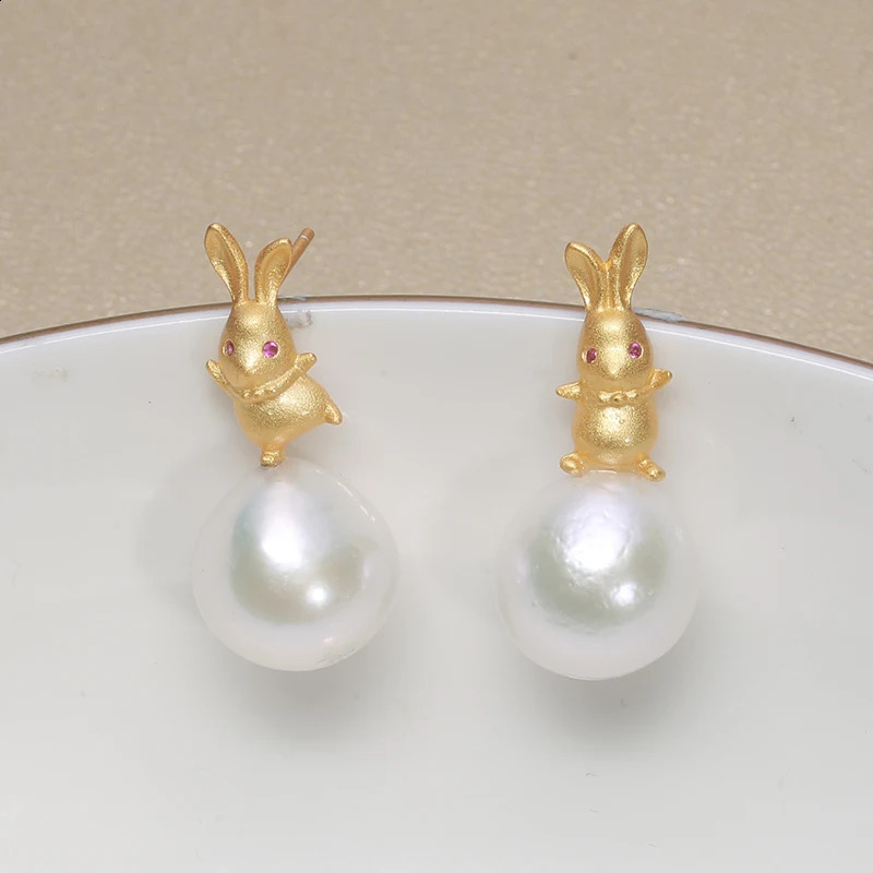 Handmade 100% Natural Fresh Water Drop Baroque Pearl Earrings 12-15mm Cute Golden Rabbit 925 Pure Silver Year Gift Earrings 250409