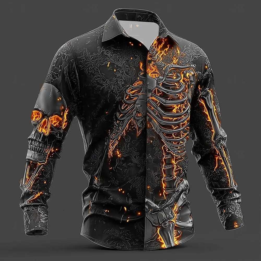 2025 Halloween Mens Skull Flame Halloween Costumes Shirt Button Up Shirt Long Sleeve Shirt Gothic Style Tops Fall Winter K251110