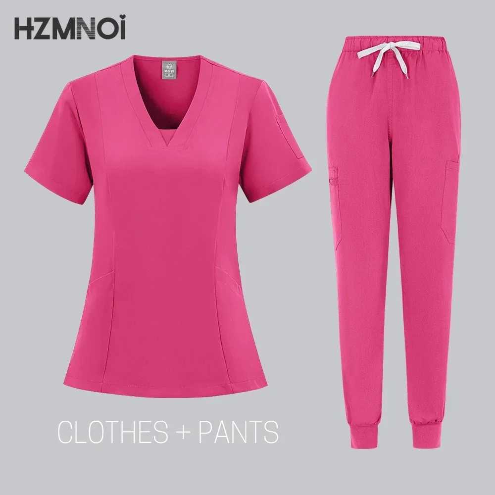 HZMNOI High-quty Nursing Scrubs Uniform Suit Short Slve V-neck Tops+Pants Sets Women Multicolor Pet Medical Workwear Nurse X250410