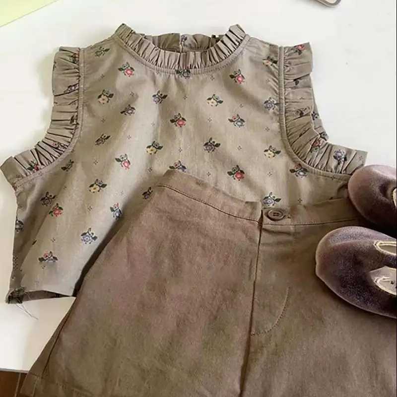 2PCS Childrens and Girls Clothing Set Short Flower Top+Solid Color Shorts Summer Fashion Casual Set Suitable for Girls 1-6 Years OldXJ250410
