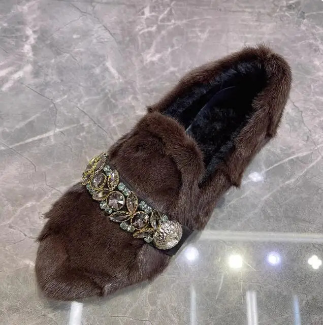 Winter Mink Fur Rhinestone Crystal Belt Flats Fur Shoes Slip On Full Fur Leisure Loafers Woman Warm Fur Shoes 251110