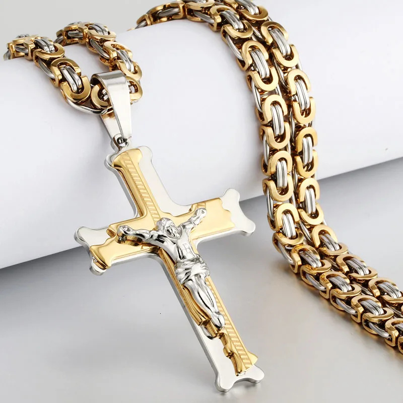 Stainless Steel Crucifix Jesus Byzantine Link Chain Necklace Fish Bone Pattern Cross Pendant Necklace Catholic Jewelry Men Gift 251110
