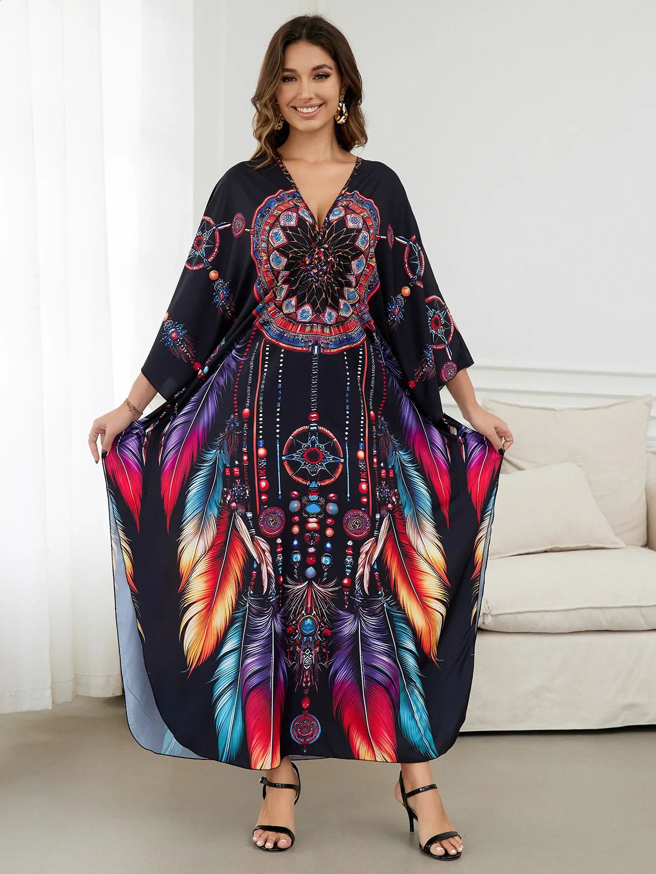 Womens beach dress printed Kaftans Maxi Robe summer holiday swimsuit direct delivery factory supply 250408