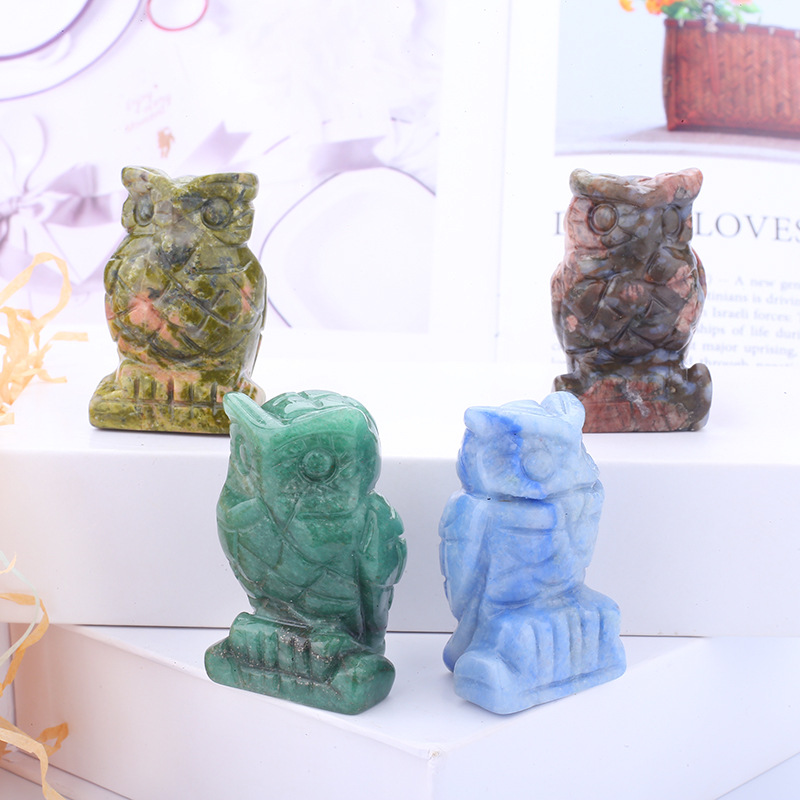 2-inch crystal semi-precious stone small animal figurine, craft small gift, jade owl carving piece