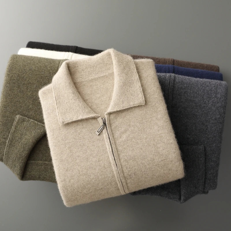 Autumn Winter Mens 100 Cashmere Polo Collar Thick Zipper Cardigan Business Casual Sweater Comfortable Warm Knit Jackets Tops 251030
