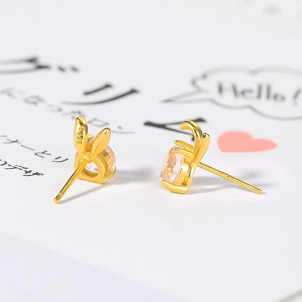 Vintage natural rose quartz cute rabbit S925 womens silver stud earrings 14K gold-plated exquisite jewelry earrings cute earrings 250409