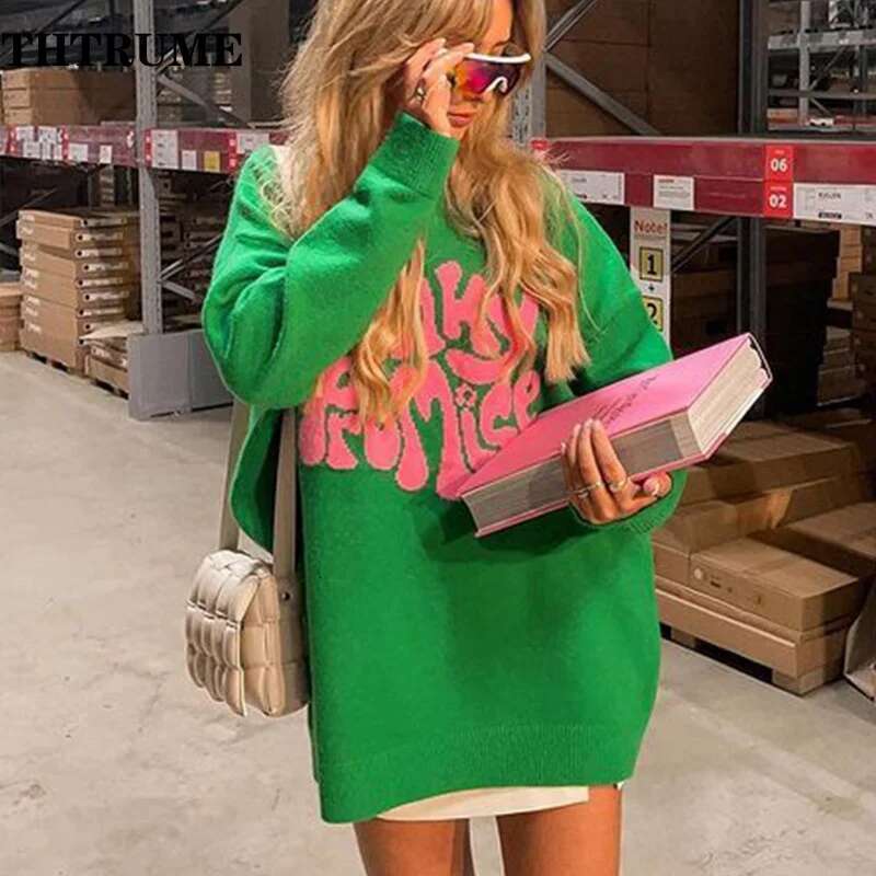 Autumn Winter Letter Print Sweaters Fashion Women Green Vintage Y2k Knit Streetwear Jumpers Tops Casual O-Neck New Pullovers