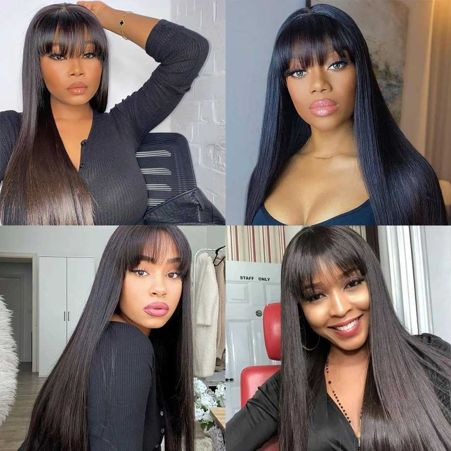 Bone Straight Human Hair Wig With Bangs For Women 30 Inch Brazilian 3x1 Lace Wigs Glueless Wig Human Hair Natural Black ColorT251111