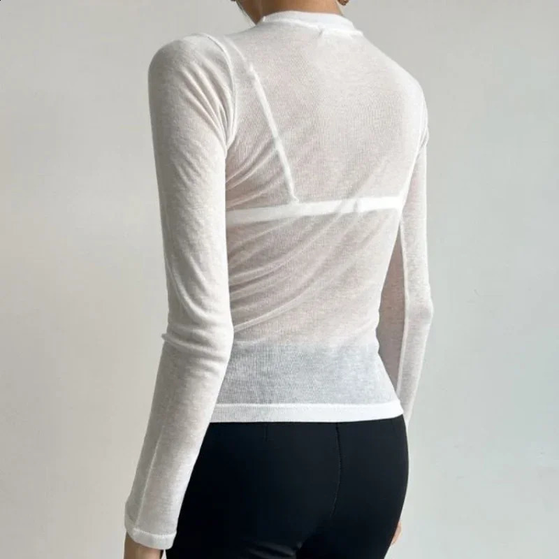 Womens Basic Tshirt 2025 Oneck Solid Casual Top Long Sleeve See Through Sexy Slimming Clothing 250407