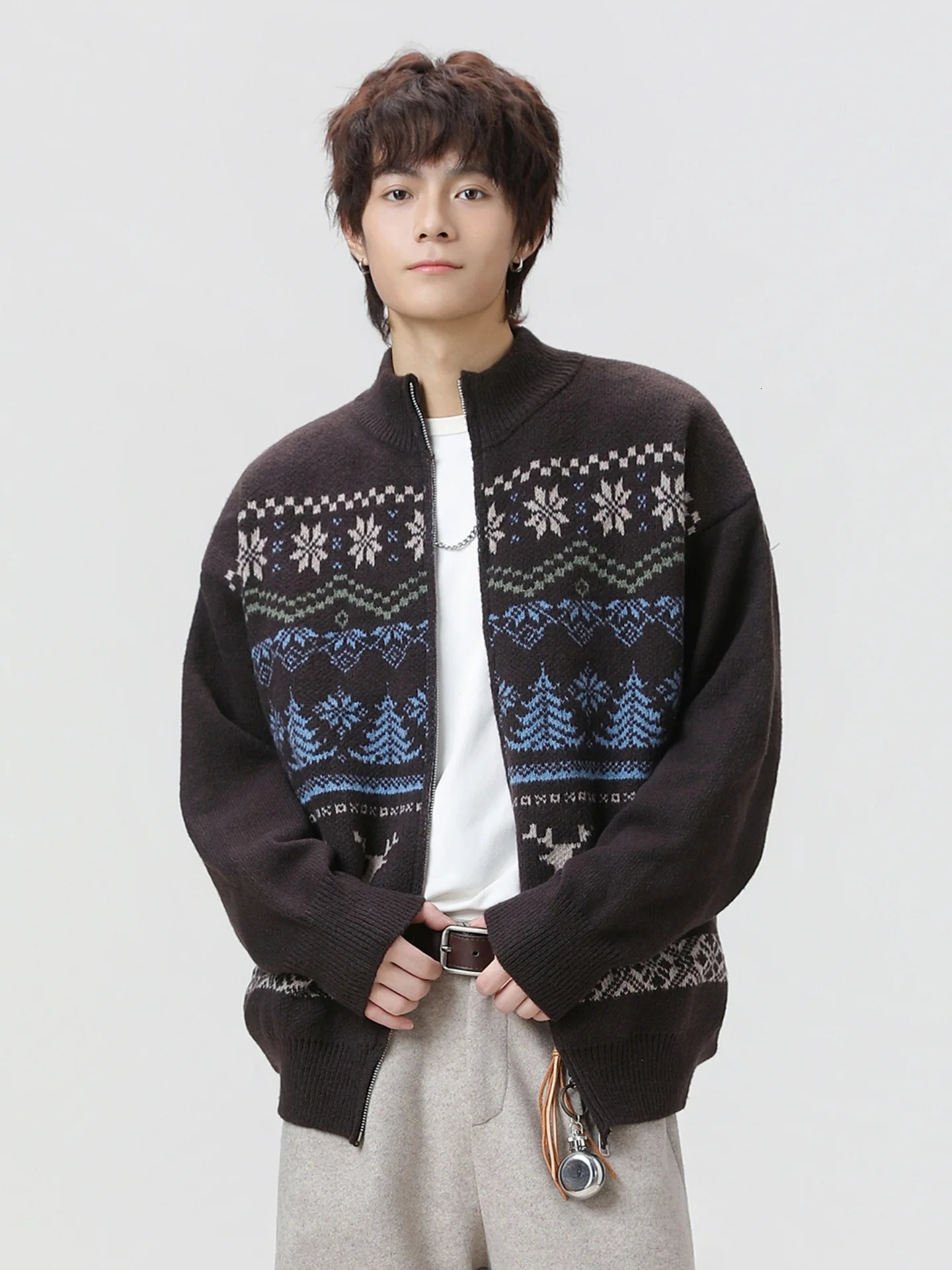 Fair Isle Zip Cardigan Mens Textured Jacquard Knit Sweater Retro Stand Collar Pullover Unisex Christmas Gift For Autumn Winter 251030