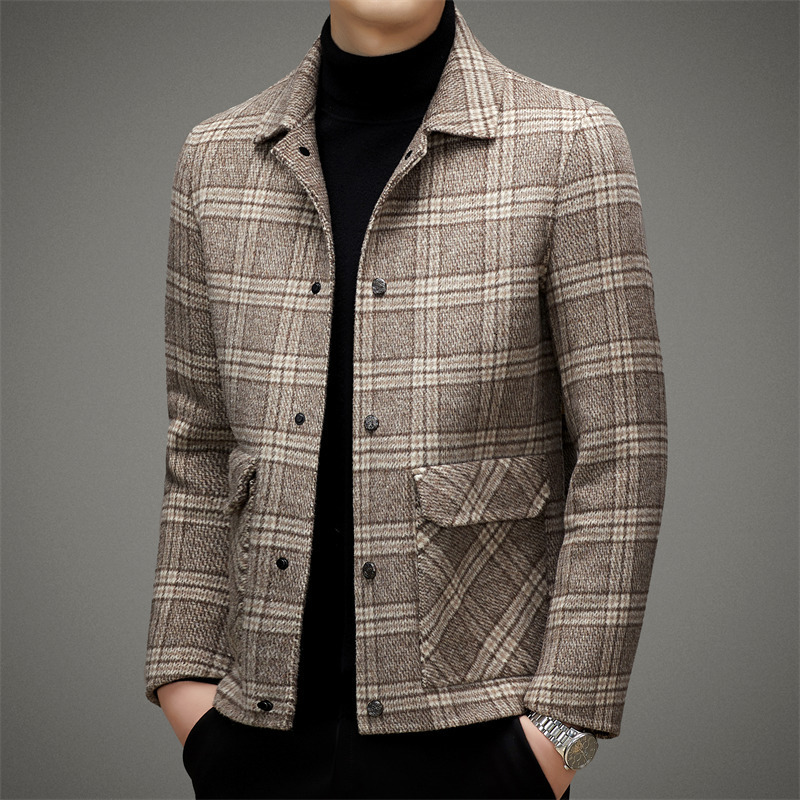 Loose Fit Men's Wool Fashion Plaid Double-Sided Short Jacket Plaid Autumn Winter New Turn-Down Collar Men's Trendy Coat Autumn Thickened Woo