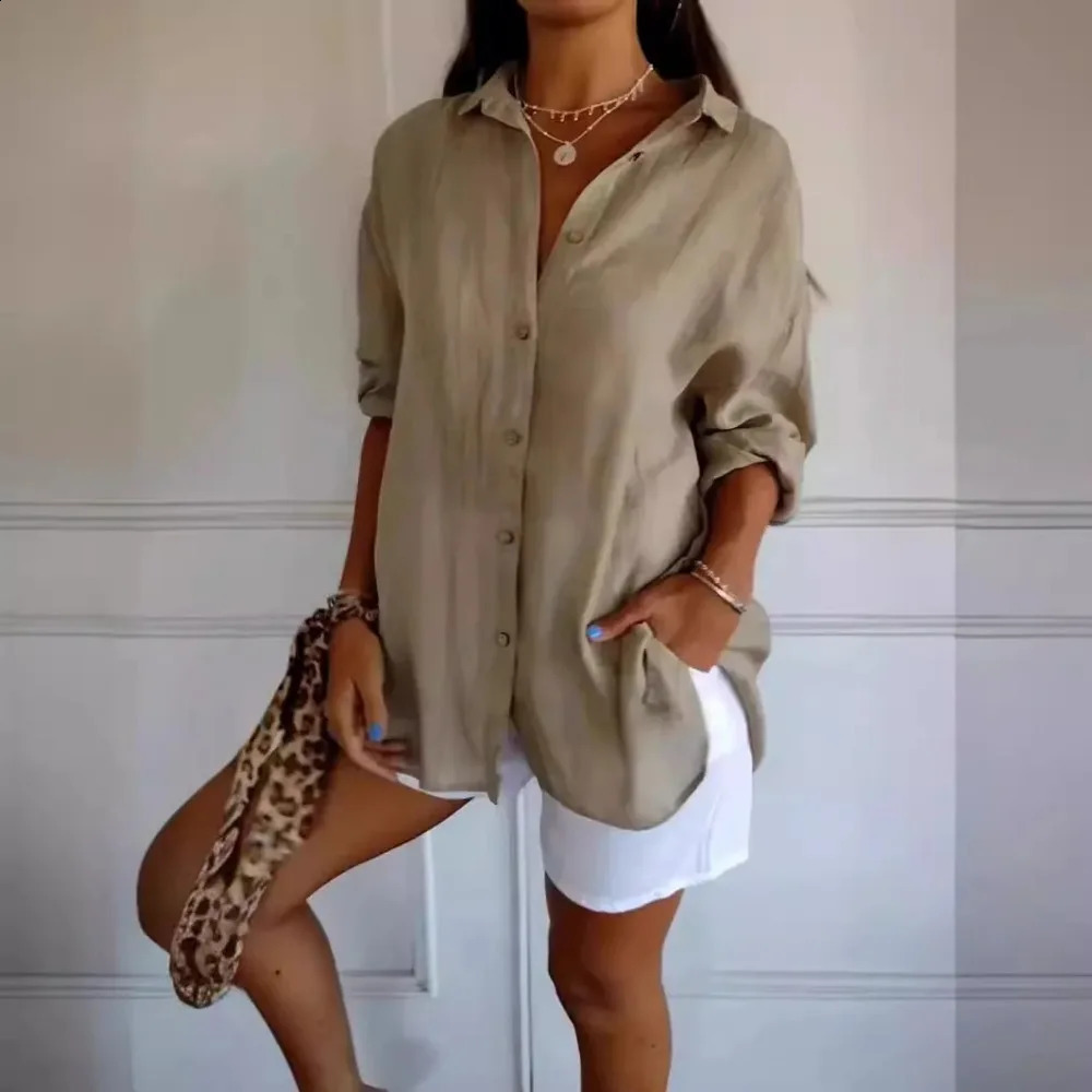 Summer V Neck Casual Cotton Linen Button Shirt Women Fashion Loose Solid Lapel Cotton Office Linen Shirt Women Top Retro 250409