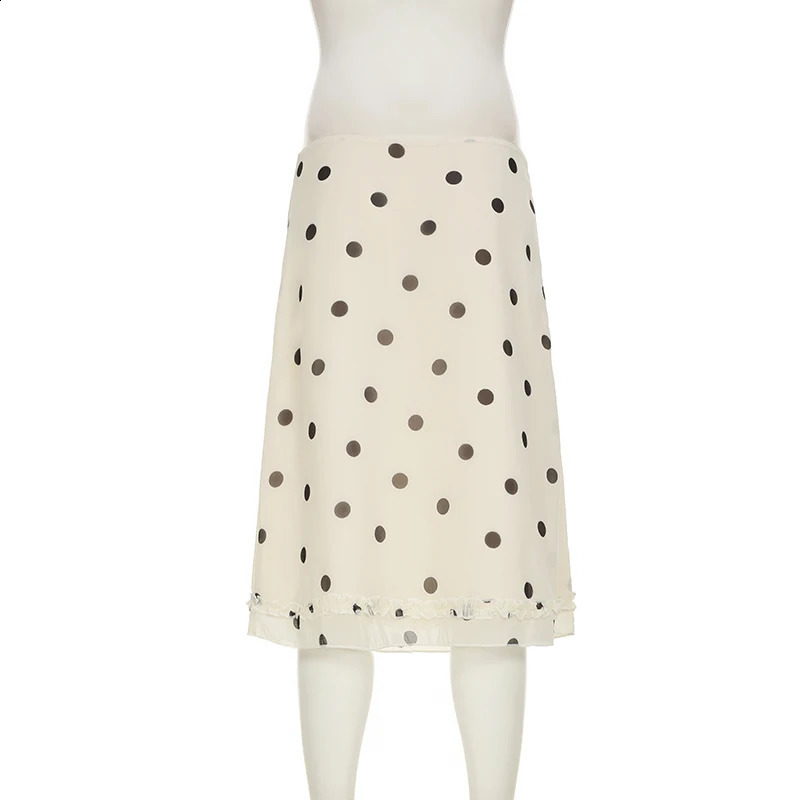 BIIKPIIK Casual Women Polka Dot Skirts Lettuce Trim Beige Elegant Midi Skirts Streetwear Simple All-match Bottom Clothing Spring 250409