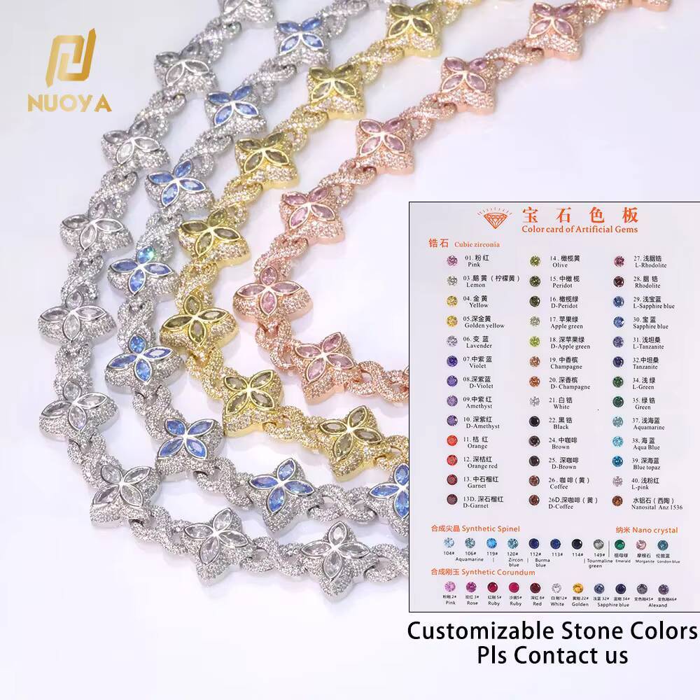 NUOYA Hip Hop Jewelry 8mm Colored Iced Out Diamond Flower Chain Infinite Symbol Chain Four Leaf Clover Necklace for Men Women