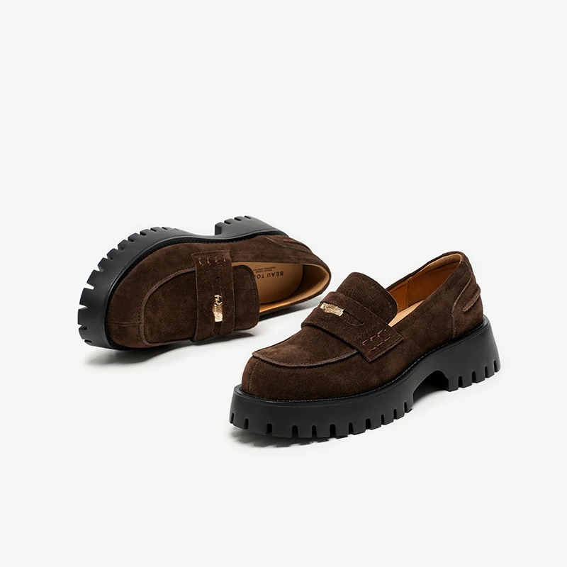 BeauToday Vintage Womens Loafers Cow Suede Leather Platform Shoes Round Toe Metal Penny Slip on Ladies Flats Handmade 26667 251110