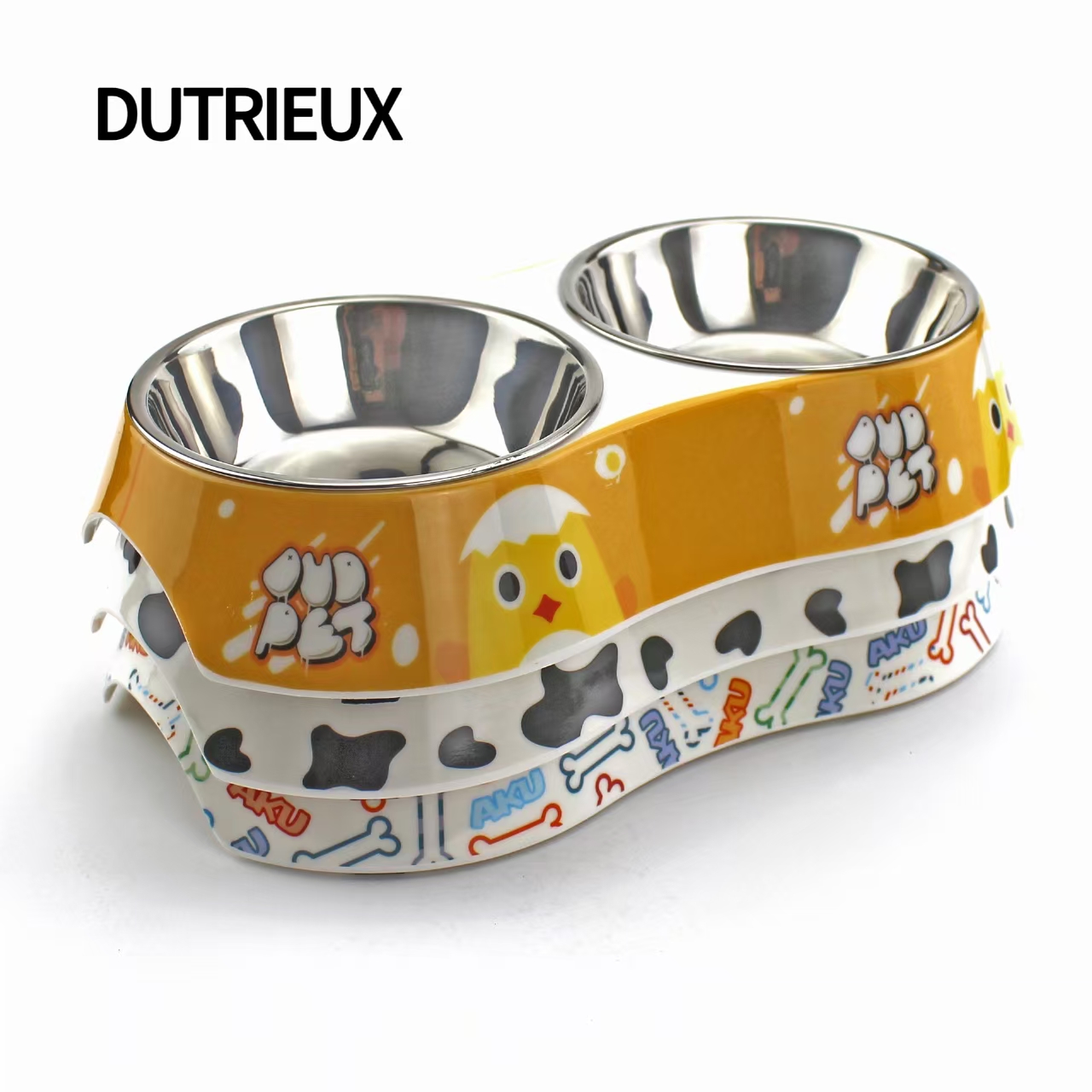 K3331 Anti-spill stainless steel pet bowl, weighted non-slip base, cartoon pattern, supplier of food bowls for dogs and cats.