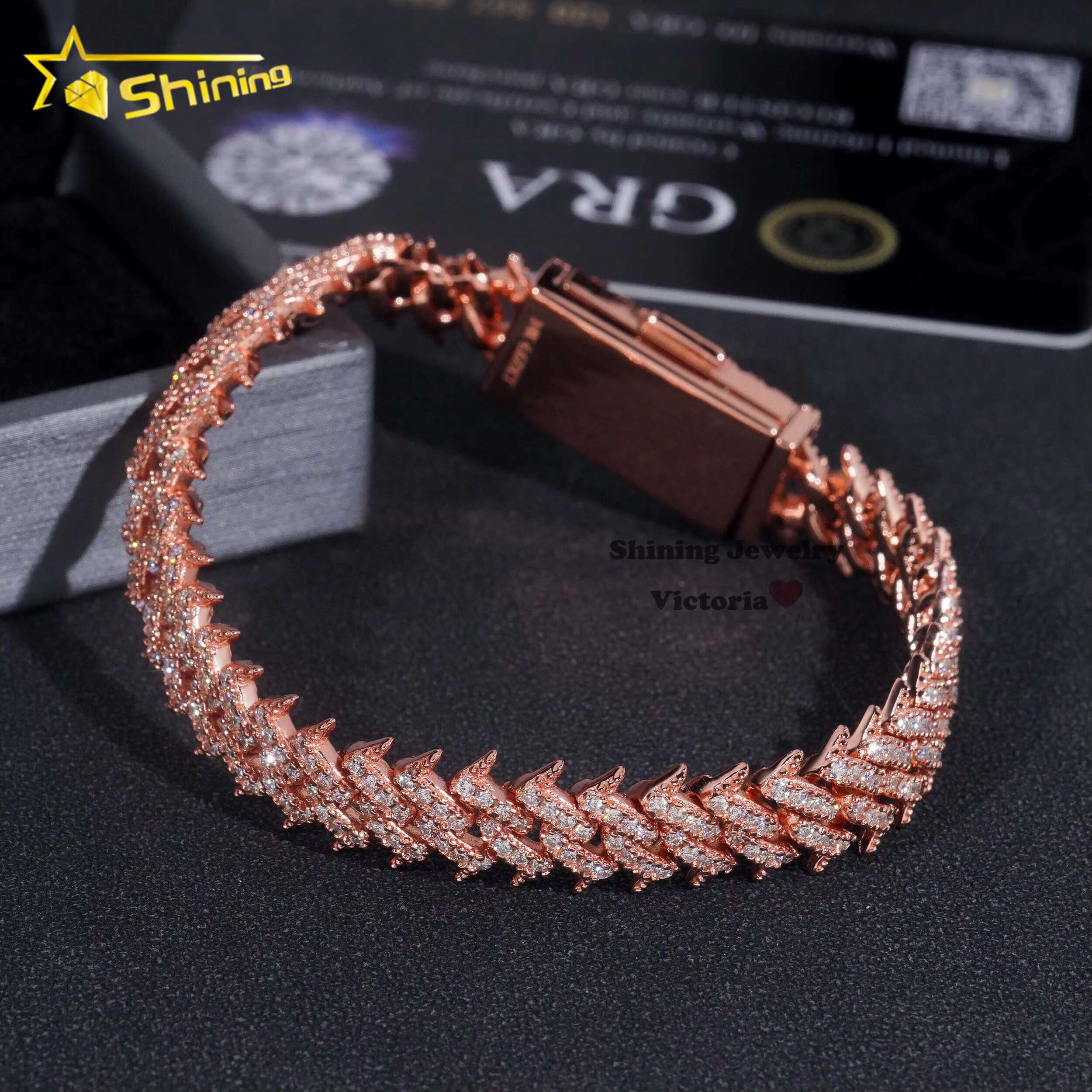 Hot Sale 925 Soild Silver Rose Gold Plated Hip Hop Necklace 10MM VVS Moissanite Diamond Spike Cuban Link Chain