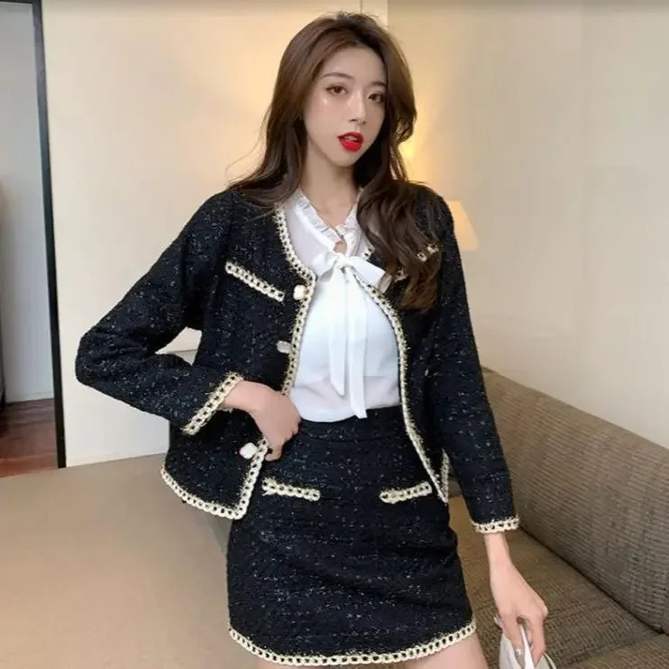 Fashionable Small Fragrance Style Tweed Set Three-Piece Suit plus Shirt Autumn Collection Elegant Knee-Length Skirt Ensemble 251106