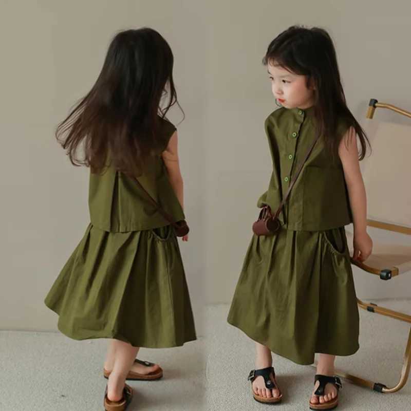 Summer childrens clothing set womens pure cotton Korean style sleeveless dress two-piece set fashionable casual breathable set 3-8YXJ250410