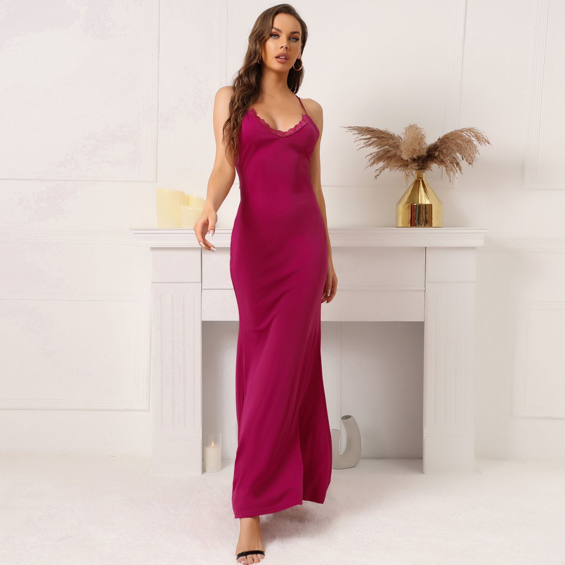 New Strap Sexy Lace Splice Open Back Women's Banquet Style Long Dress