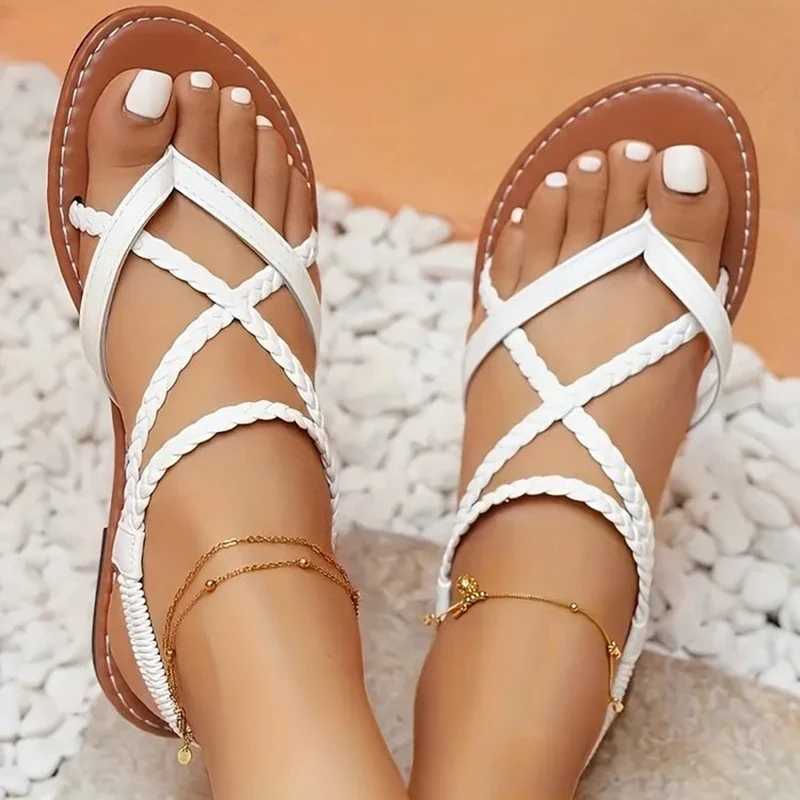 Fi casual flat shoes womens plus size womens shoes summer new woven foot elastic band Roman beach shoesXJ250410