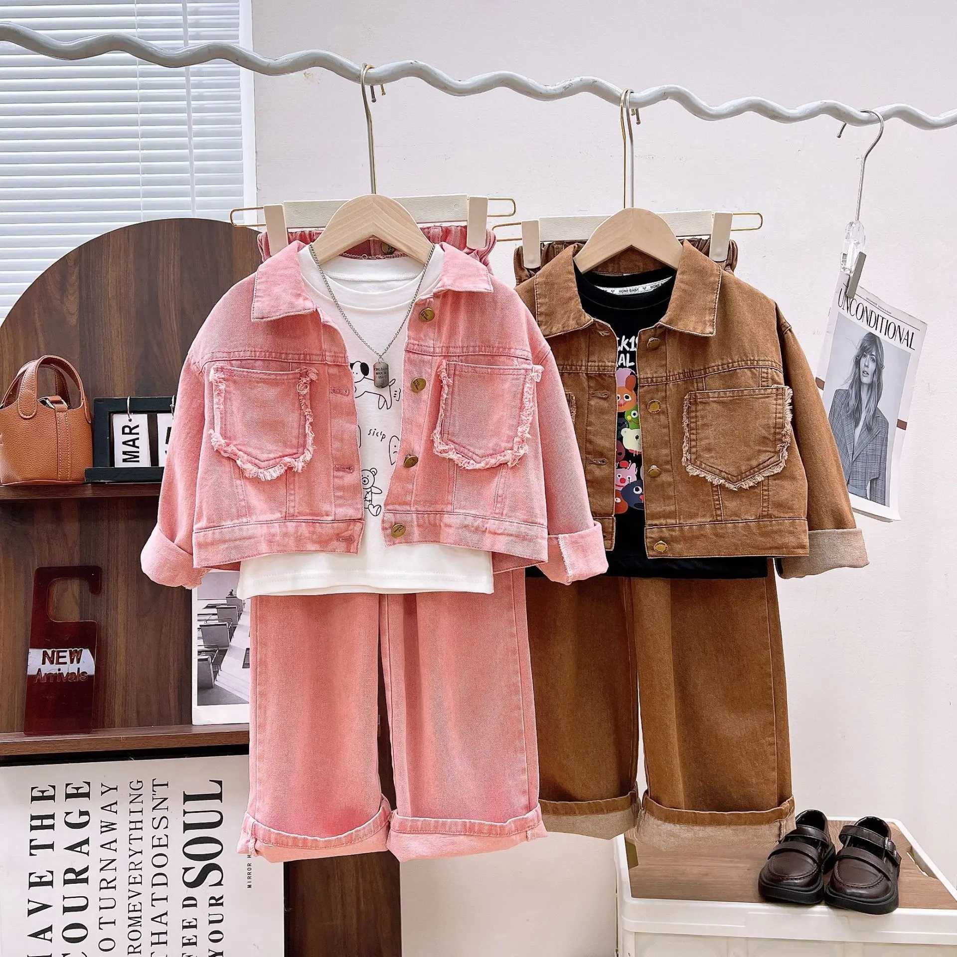 Childrens clothing set denim jacket and wide leg pants 2-piece set childrens clothing girl clothing set childrens boutique clothingXJ250410