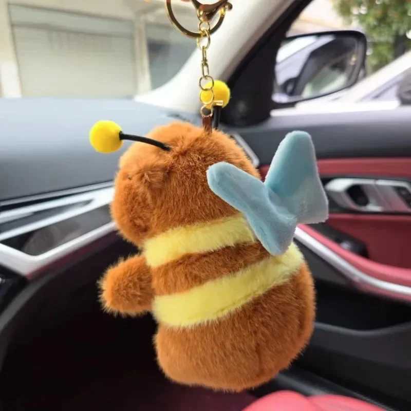 Brown soft Capybara keychain cross dressing fun plush bee pendant fur drawstring cartoon animal keychain couple W250411