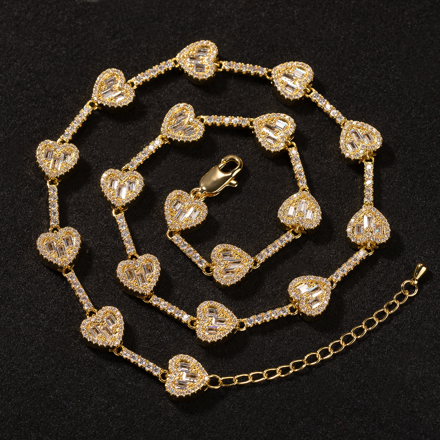 Hip Hop Love Heart Shaped Charms Tennis Chain Necklace Bracelet 14k Gold Plated Copper Prong Bling Baguette Cubic Zircon Luxury Fine Quality Party Rap