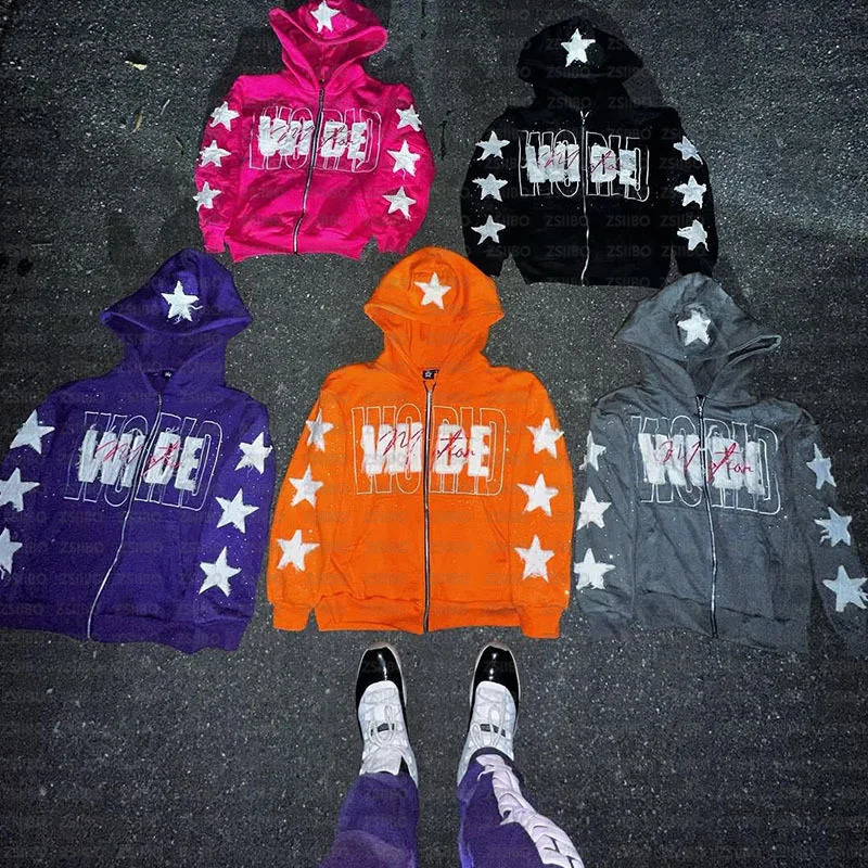 Winter Y2K High Street letters Stars Rhinestone Embroidered Zipper Top American Hip-hop Style Casual Sweatshirts Men Wom Hoodie 251110