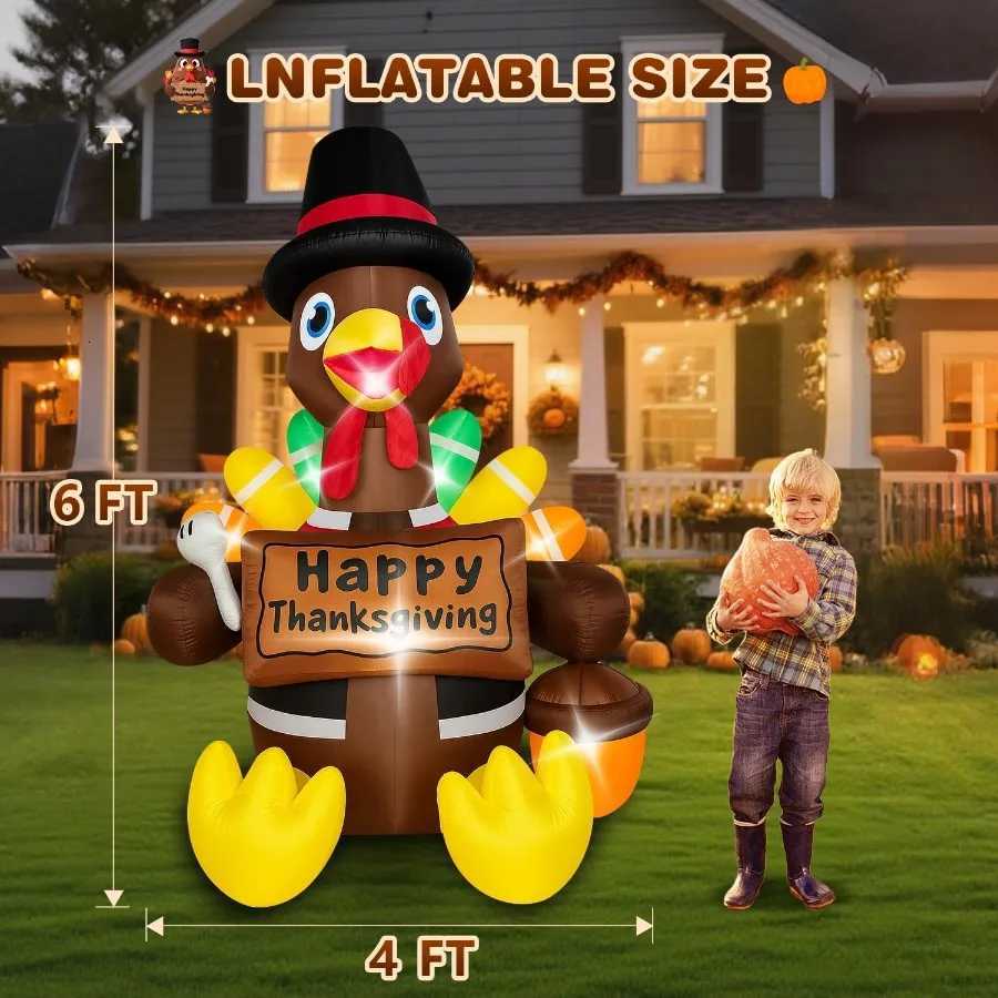 Christmas 6FT Fall Inflatable Turkey with Builtin LED Lights and Colorful Tail for Outdoor Lawn Yard Decoration Perfect Thanksgiving Infl Y251111