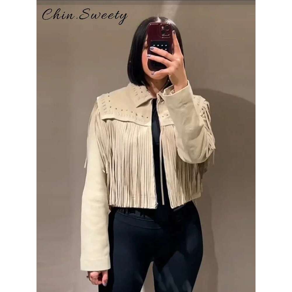 Casual Retro Tassels Rivet Short Jacket Women Solid Loose Lapel Long Sleeve Ziper Jackets 2025 Spring Lady High Street Coats New