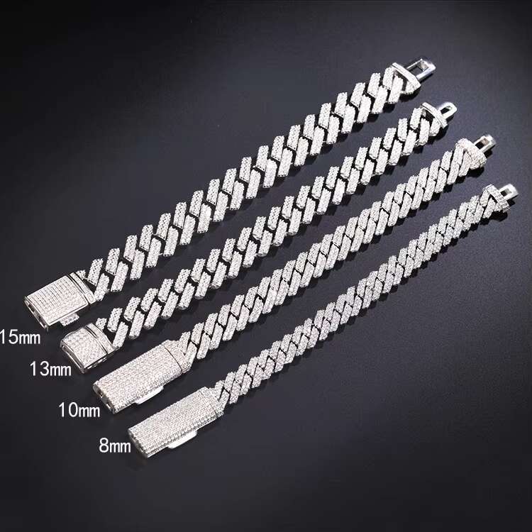 Hip Hop Clasp 8/10/13/15mm 2rows Pass Diamond test Moissanite Cuban Link Chains 925 Sterling Silver Iced Out Chains Bracelet