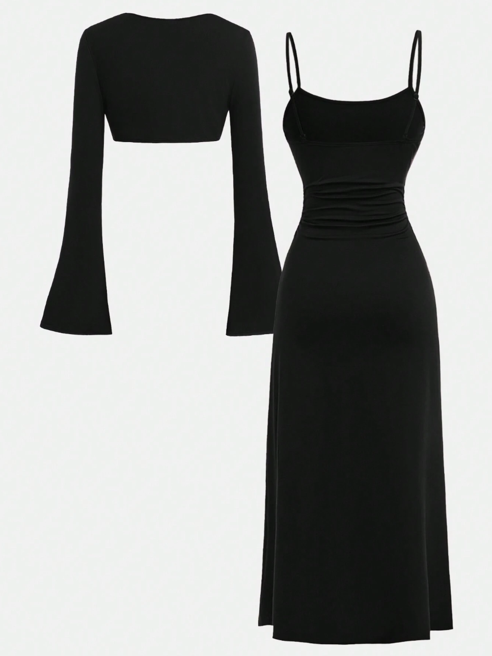 Women's Black Two-Piece Dress Set, Elegant Fashion Spaghetti Strap Midi Dress with Bell Sleeve Crop Top, Stylish & Versatile for Evening & Casual
