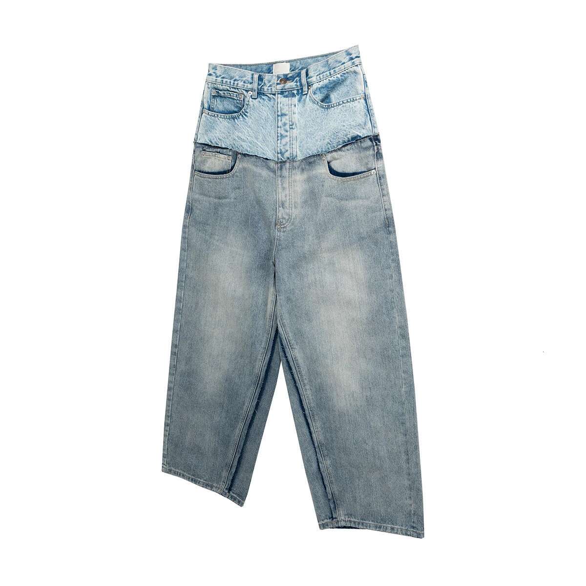 Double-Layer Double Waist Patchwork Baggy Jeans For Men And Women Straight Casual Loose Denim Trousers Oversized