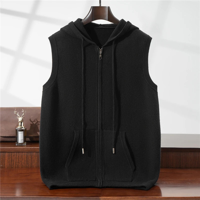 Autumn Winter Thickened Warm 100 Pure Wool Vest Mens with Hood Zipper Cardigan Casual Pocket Sweater Jacket 251104