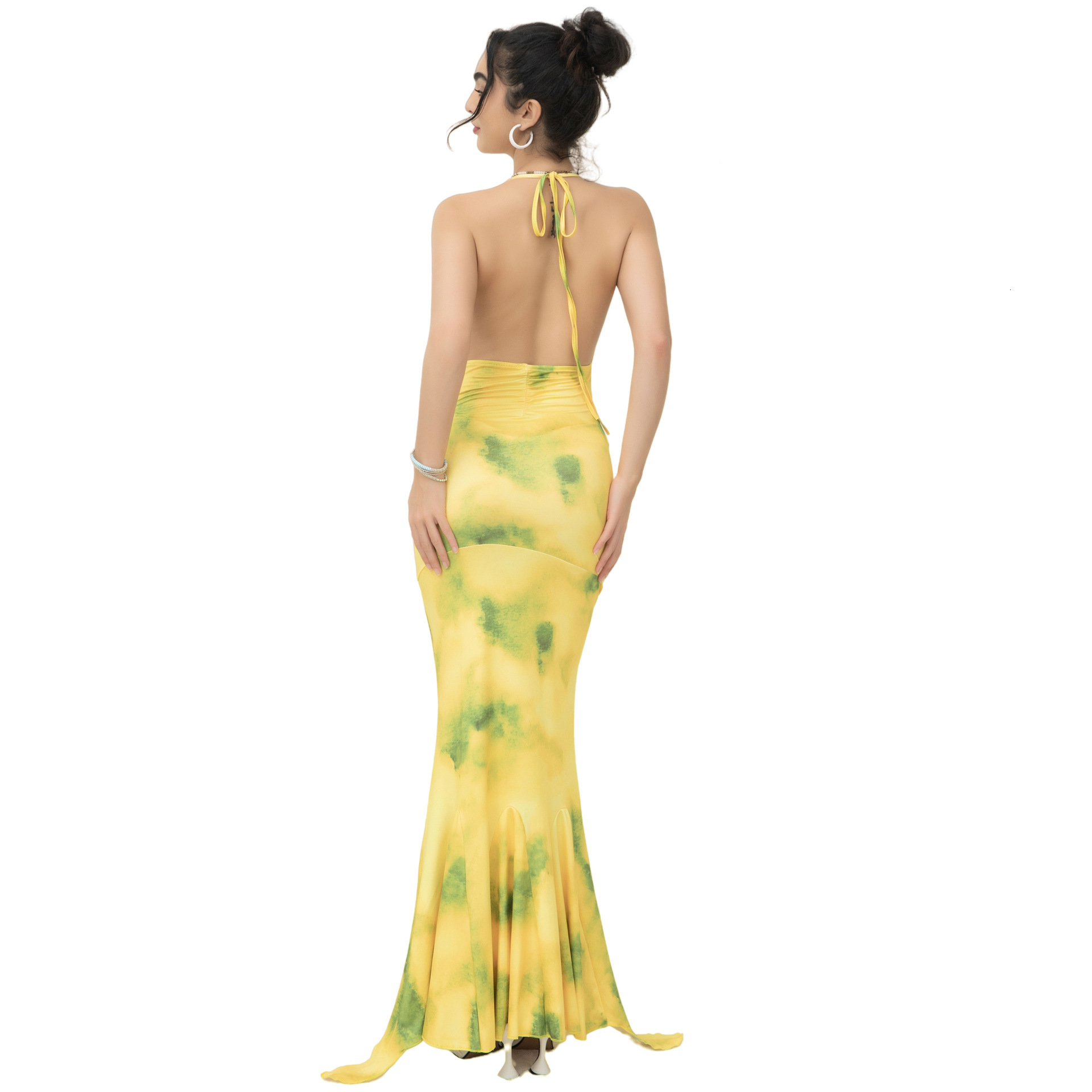 Women's new suspender French light mature style hanging neck deep V-print long dress