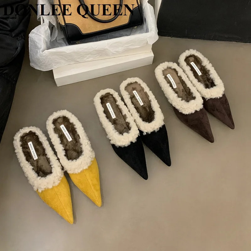 Fashion Mule Shoes Women Slippers Low Heels Fur Shoes Flip Flops Winter Autumn Warm Plush Shoes Pumps Female Footwear 251110