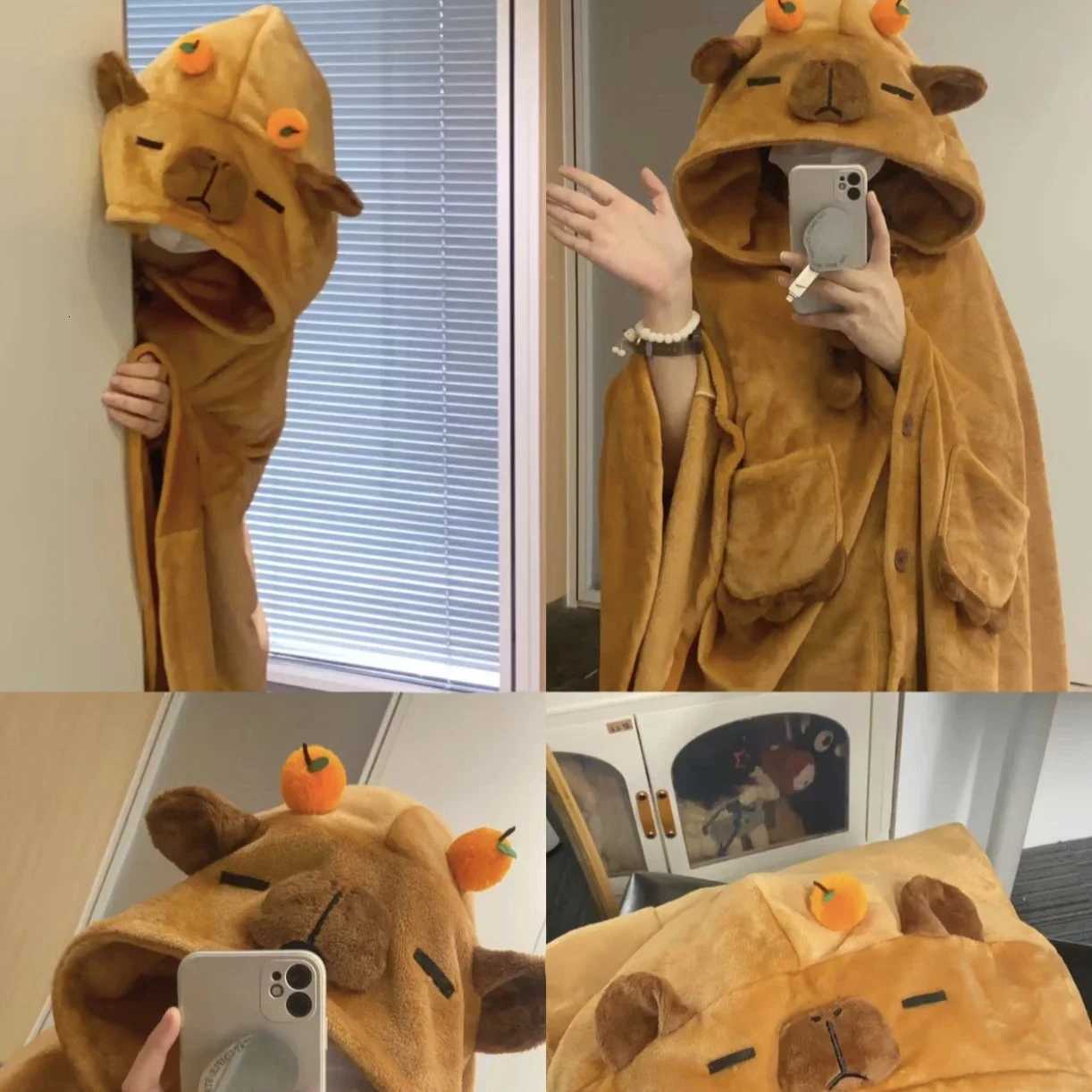 Kapybara Coral Fleece Pajamas Women Autumn and Winter Thickened Velvet One-piece Wearable Loungewear Cute Kapybara Cape Blanket C251111