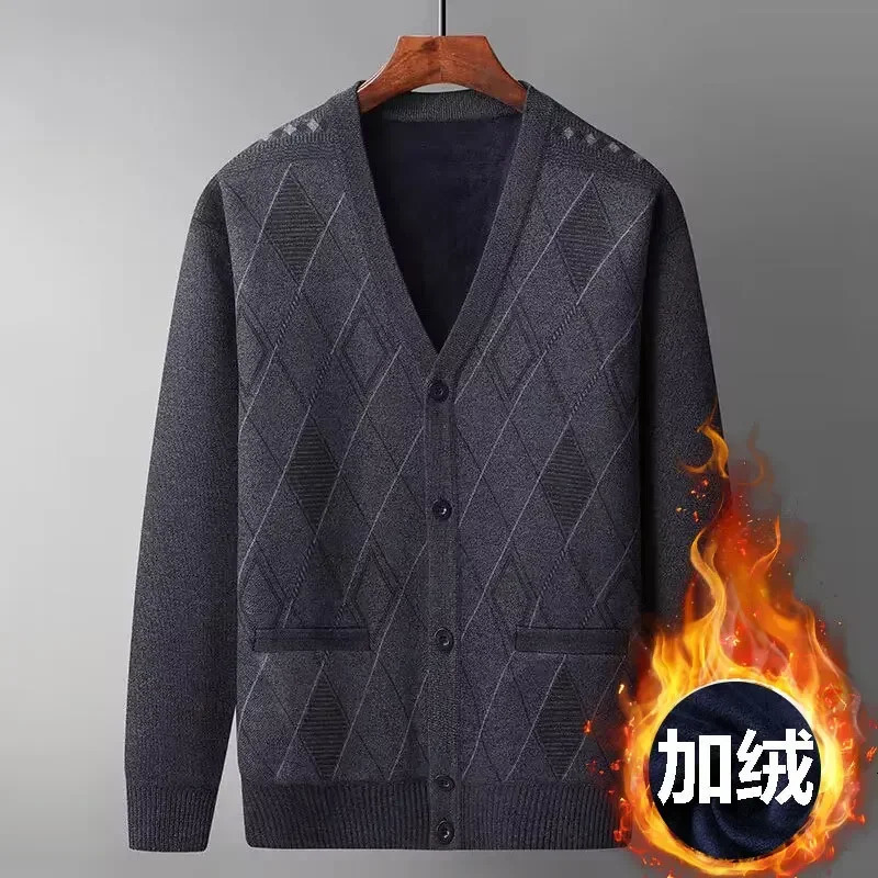 Winter Plush and Thickened Middleaged Elderly Mens Knitted Cardigan Sweater Jacket Vneck Dad Loose Knit 251030