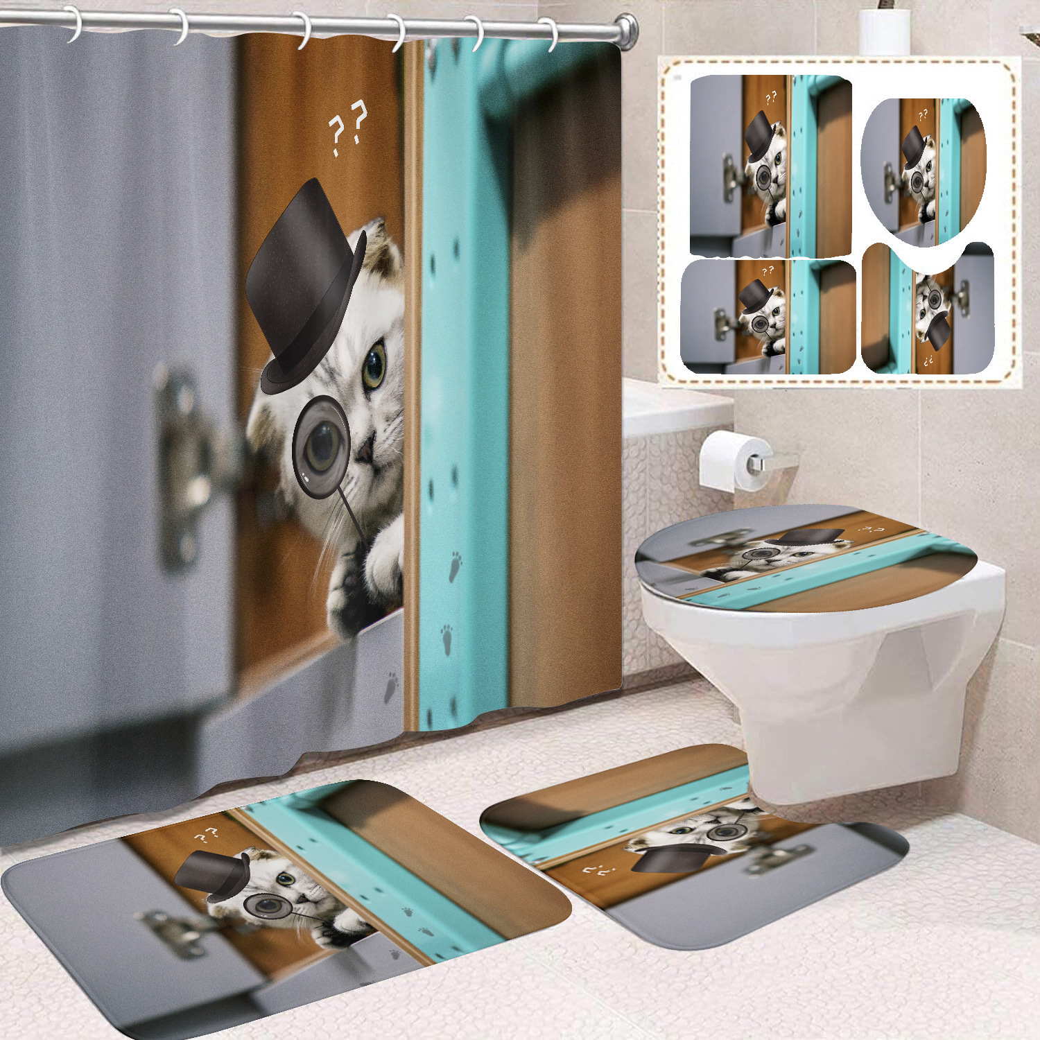 YL-37687 Black and White Cat Shower Curtain Waterproof and Mildew-proof Digital Print Shower Curtain Four-Piece Set