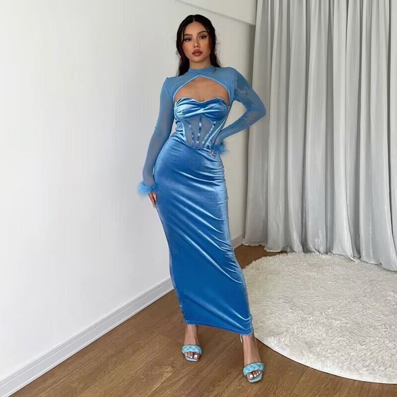 2025 Autumn Women's New Plush Mesh Spliced Nightclub Style Hollow Long Slim Fit Dress