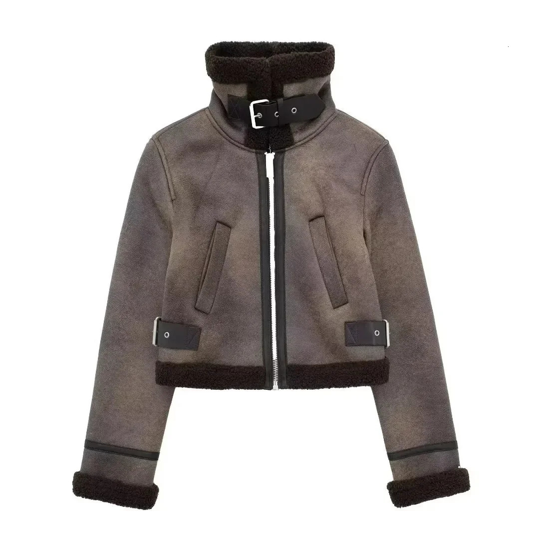 Winter Style Washed Loose Short Motorcycle Jacket Womens Fur Leather Zipper Collar Coat Casual Fashion Outerwear 251105