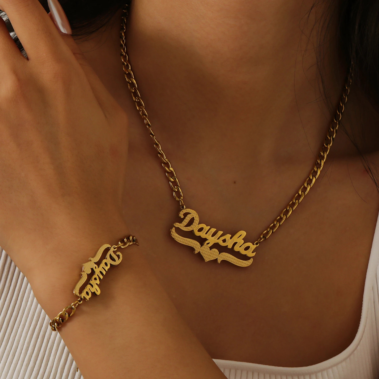 Zciti Personalized Jewelry Custom Name Bracelet Necklace Set Double Layer 18k Gold-Plated Stainless Steel Christmas Gift 251107