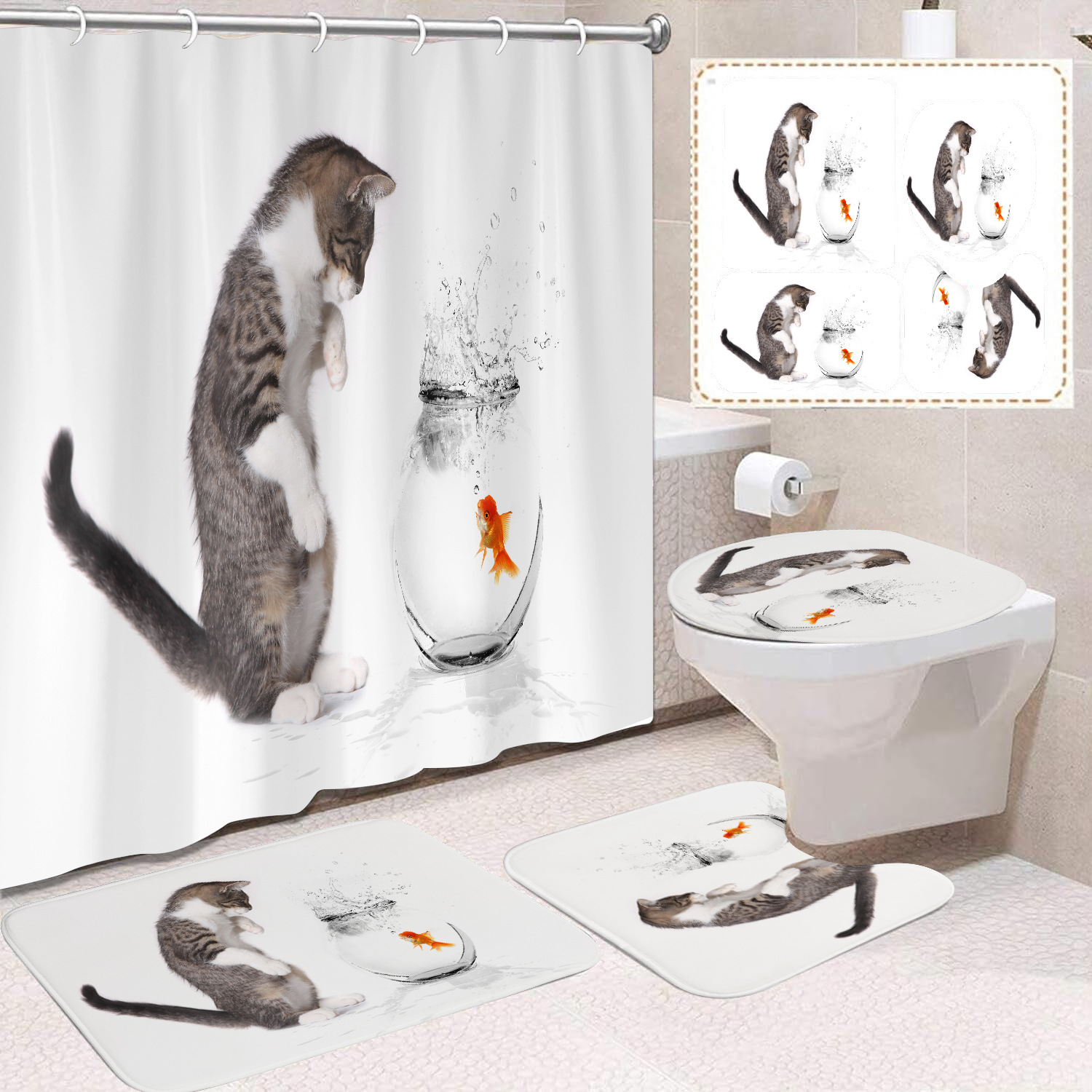 YL-37687 Black and White Cat Shower Curtain Waterproof and Mildew-proof Digital Print Shower Curtain Four-Piece Set